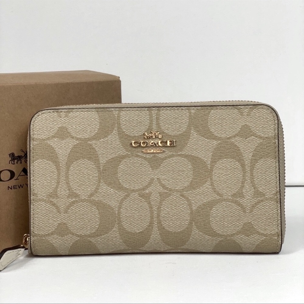 Coach Medium Zip Around Wallet In Signature Canvas Khaki